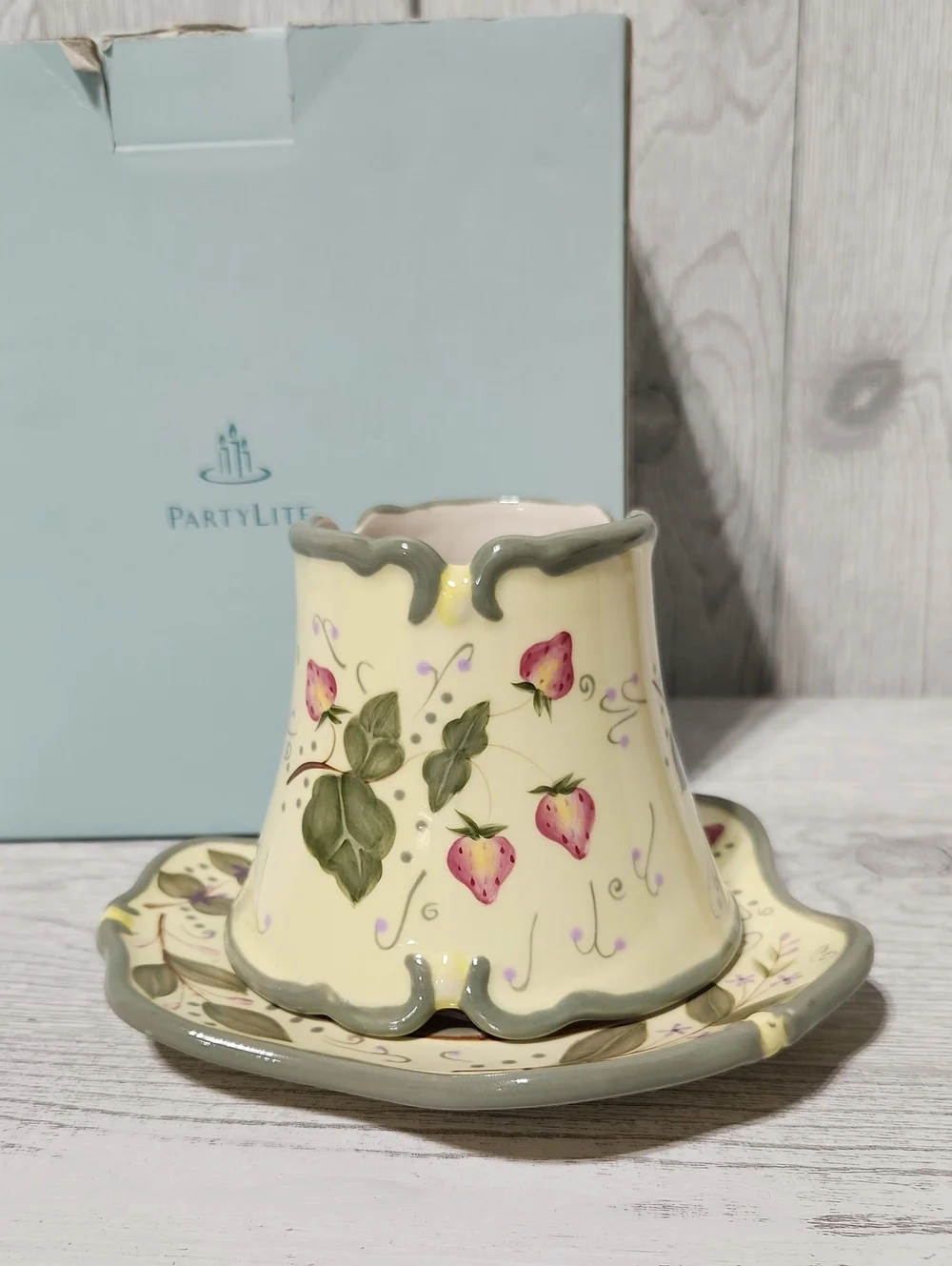 PartyLite Strawberry Fields Ceramic Candle Topper Shade & Bottom Plate